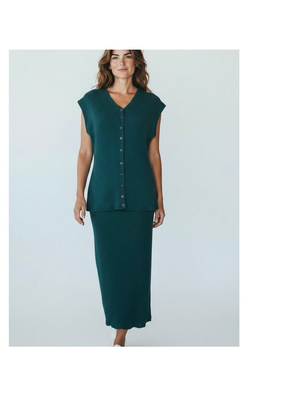 VTG 90s Foret De Framboise Ribbed Knit Midi Set Large Green Minimalist Academia